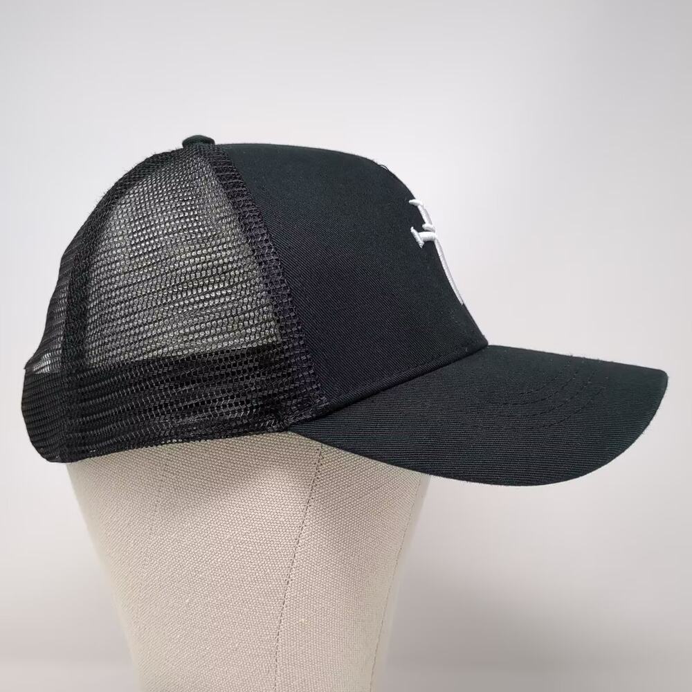 Three Nails Black OS Trucker Hat Embroidered Cross Logo Mesh Snapback Crown - Picture 5 of 9
